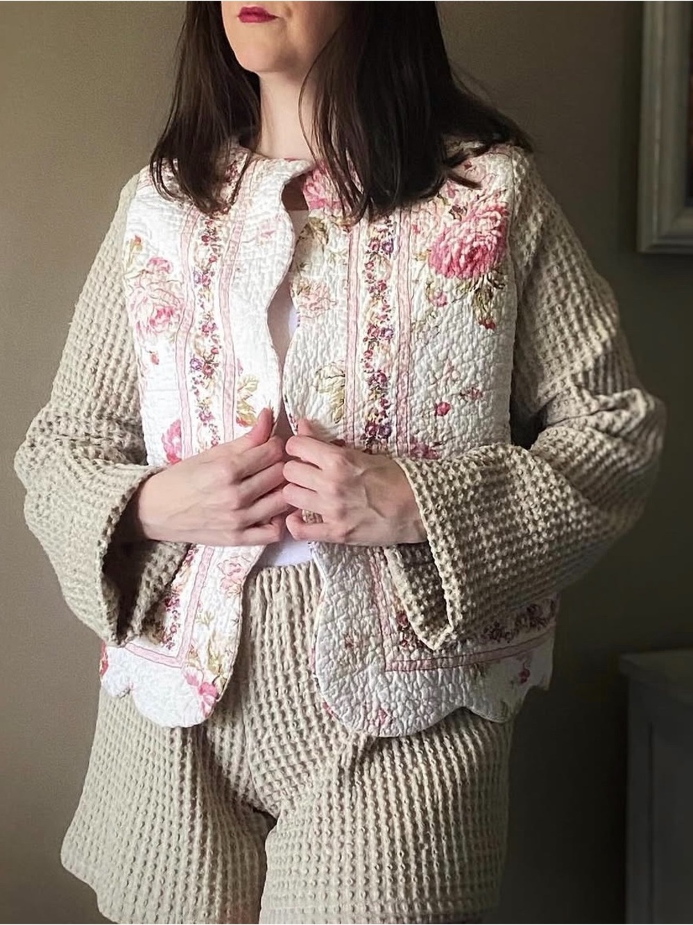 Handmade Quilted Floral Print  Waffle Cotton Sleeves Bed jacket Lounge Jacket